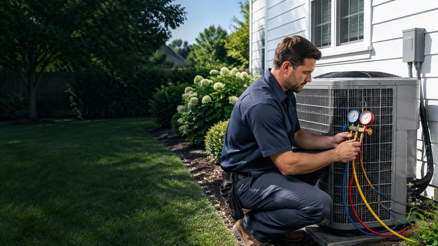 Illustrative HVAC technician checking an outdoor condenser